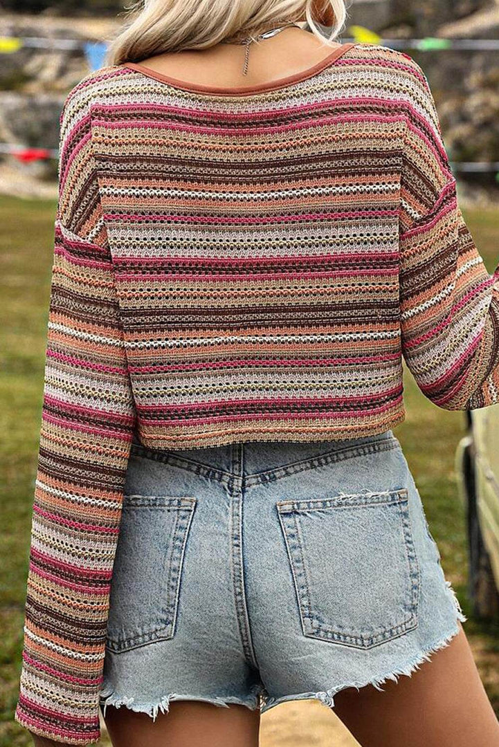 Rose Red Ethnic Striped Wide Cropped Long Sleeve Top - Fashion Queen -  2
