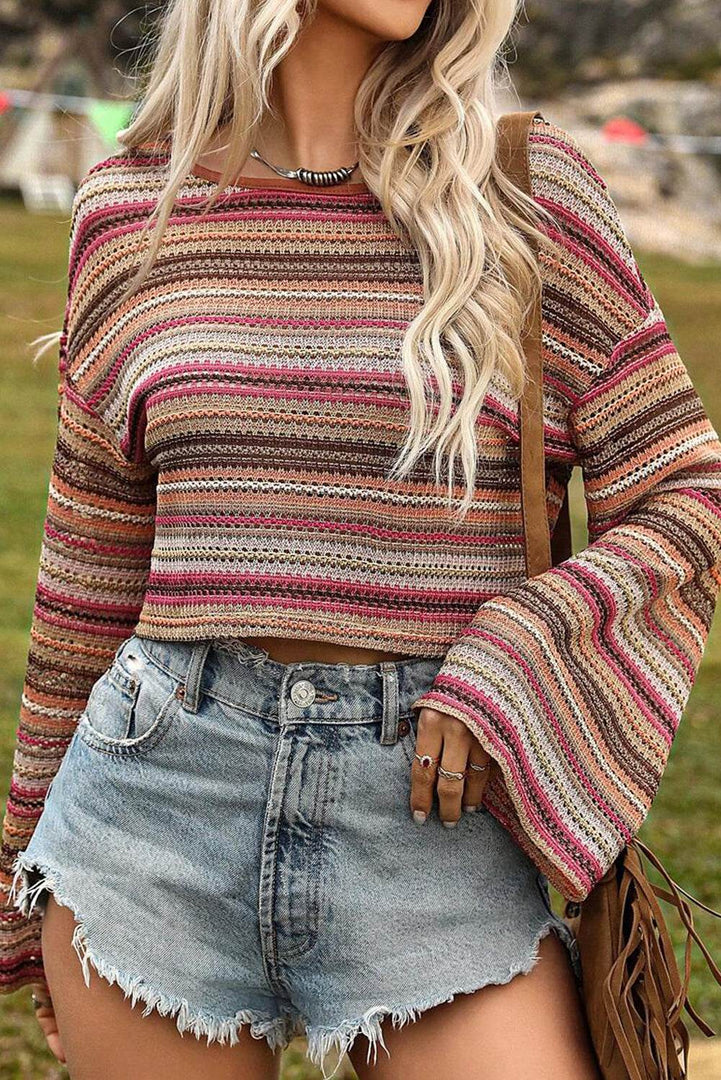Rose Red Ethnic Striped Wide Cropped Long Sleeve Top - Fashion Queen -  3