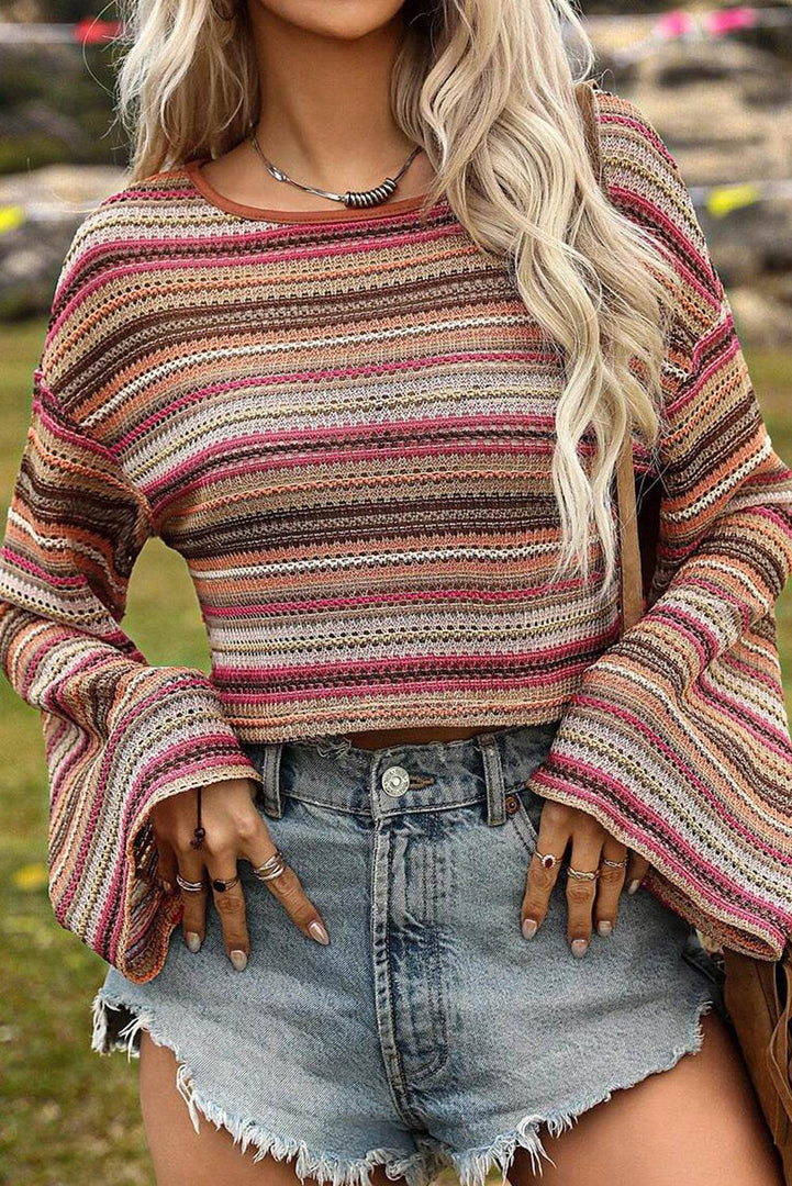 Rose Red Ethnic Striped Wide Cropped Long Sleeve Top - Fashion Queen -  4
