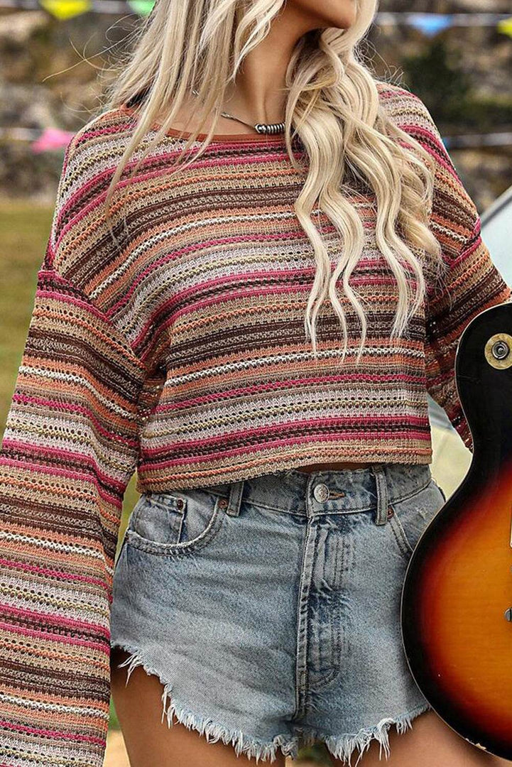 Rose Red Ethnic Striped Wide Cropped Long Sleeve Top - Fashion Queen -  5