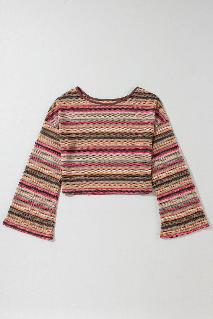 Rose Red Ethnic Striped Wide Cropped Long Sleeve Top - Fashion Queen -  6