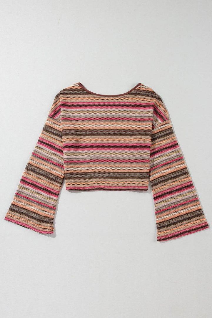 Rose Red Ethnic Striped Wide Cropped Long Sleeve Top - Fashion Queen -  7