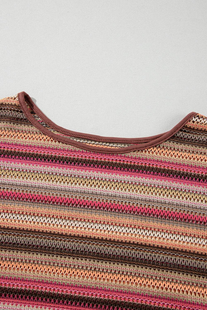 Rose Red Ethnic Striped Wide Cropped Long Sleeve Top - Fashion Queen -  8