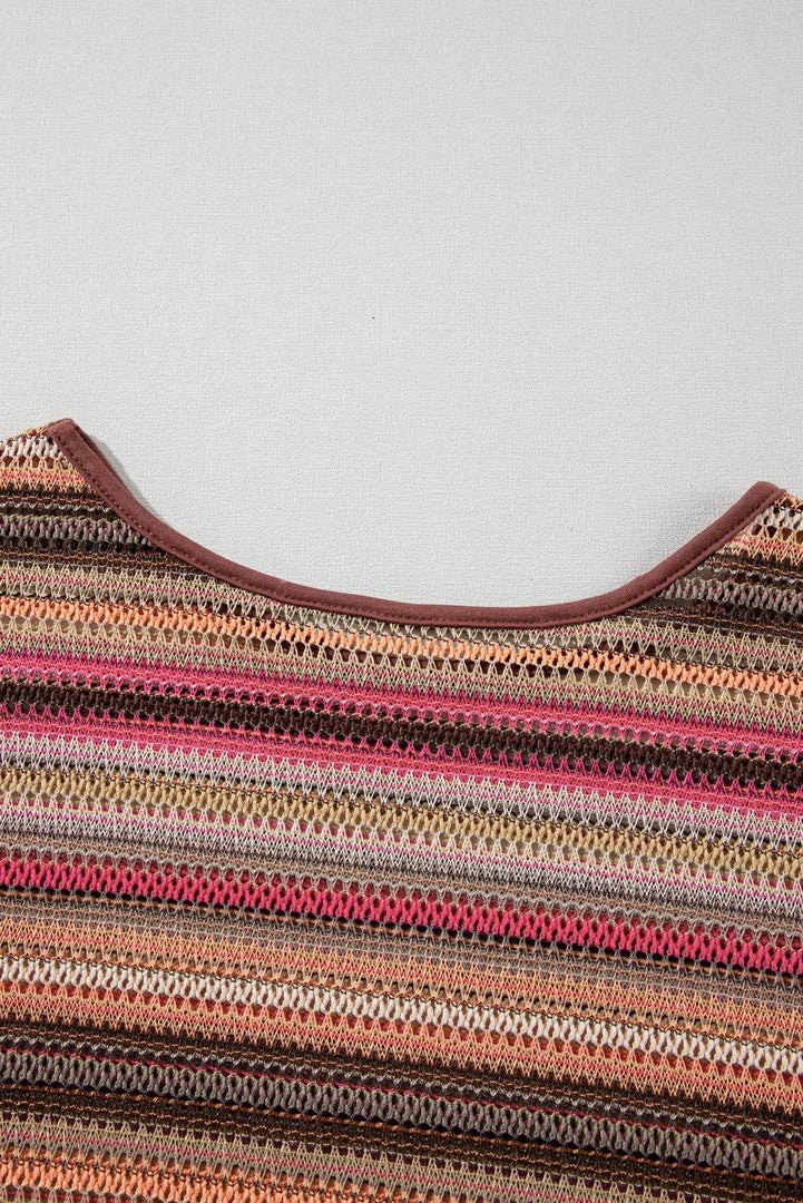 Rose Red Ethnic Striped Wide Cropped Long Sleeve Top - Fashion Queen -  9
