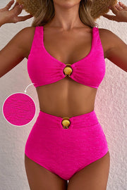 Rose Red Gold Shell Decor Wire-free Knotted 2pcs Bikini Swimsuit - Fashion Queen -  1