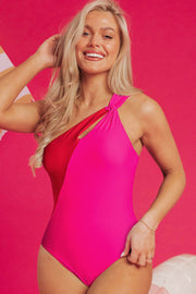 Rose Red Knotted One Shoulder Two Tones Backless One Piece Swimsuit - Fashion Queen -  1