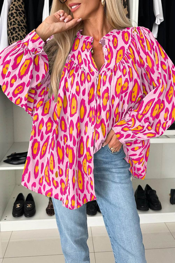 Rose Red Oversized Leopard Print Balloon Sleeve Casual Shirt - Fashion Queen -  1