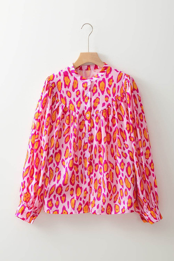 Rose Red Oversized Leopard Print Balloon Sleeve Casual Shirt - Fashion Queen -  10
