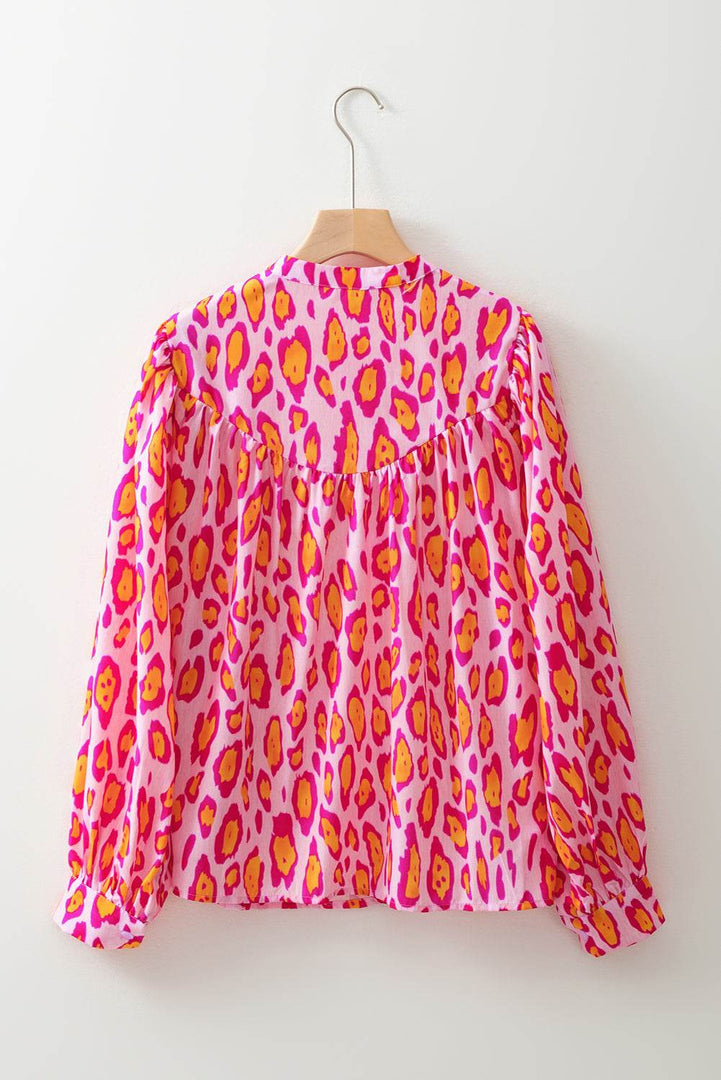Rose Red Oversized Leopard Print Balloon Sleeve Casual Shirt - Fashion Queen -  11
