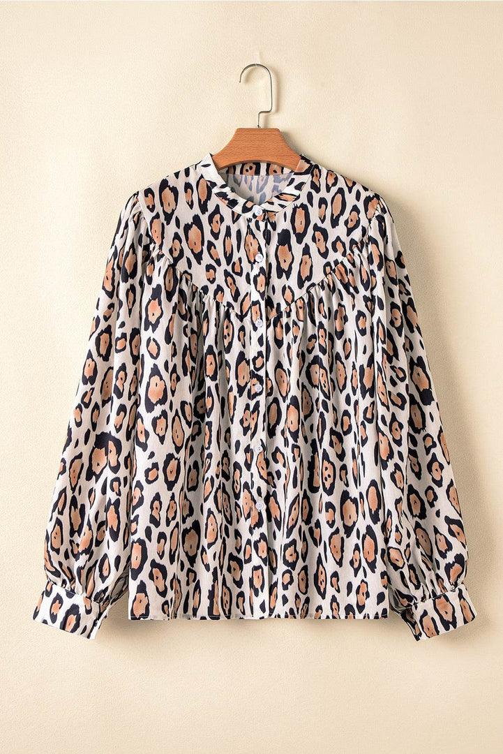 Rose Red Oversized Leopard Print Balloon Sleeve Casual Shirt - Fashion Queen -  17