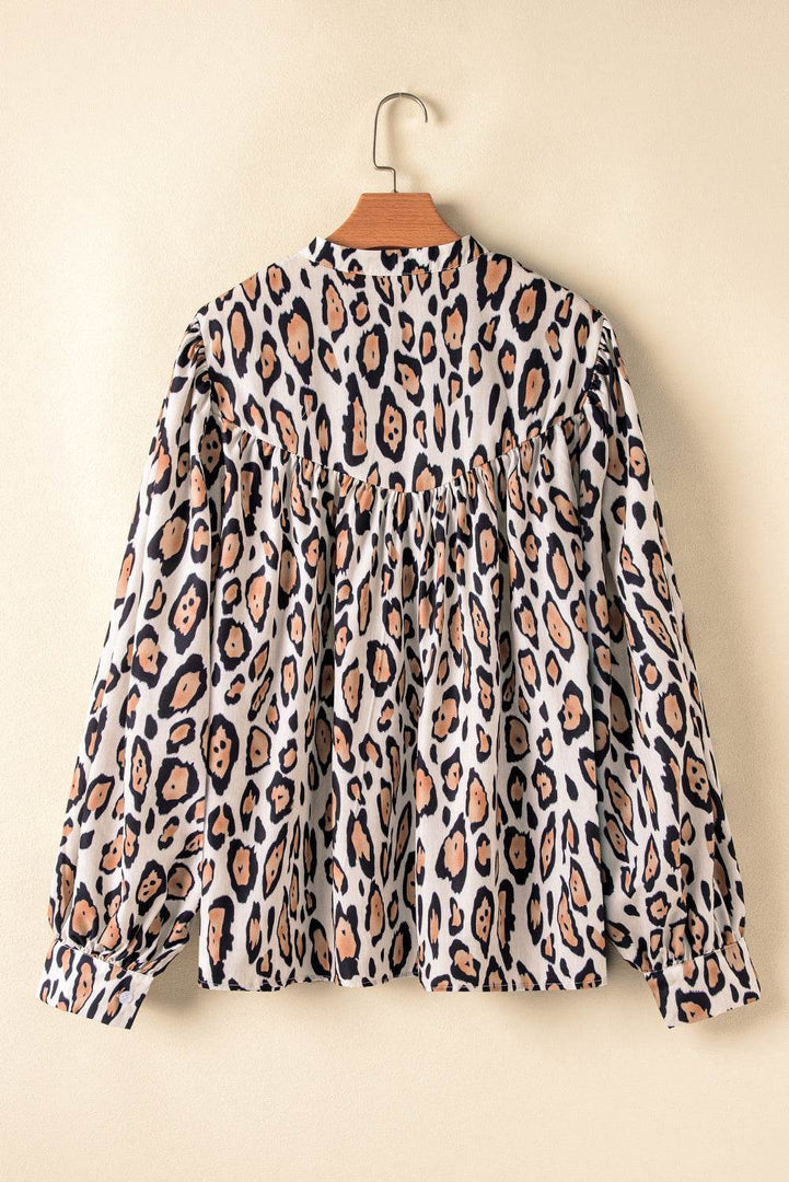 Rose Red Oversized Leopard Print Balloon Sleeve Casual Shirt - Fashion Queen -  18