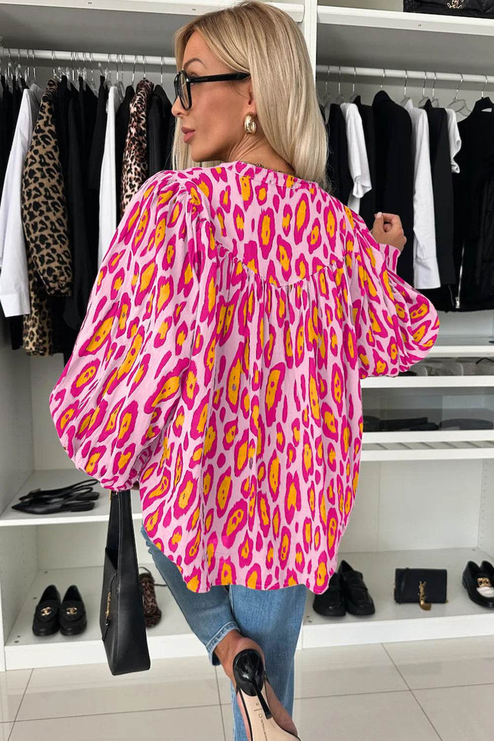 Rose Red Oversized Leopard Print Balloon Sleeve Casual Shirt - Fashion Queen -  2