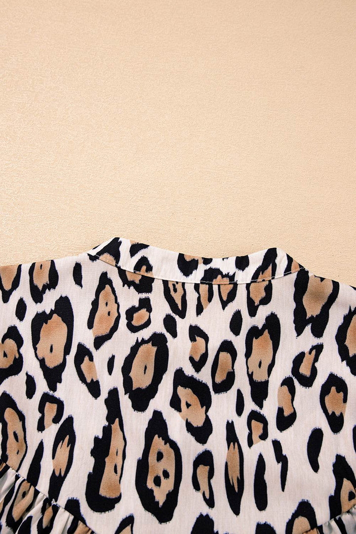 Rose Red Oversized Leopard Print Balloon Sleeve Casual Shirt - Fashion Queen -  23