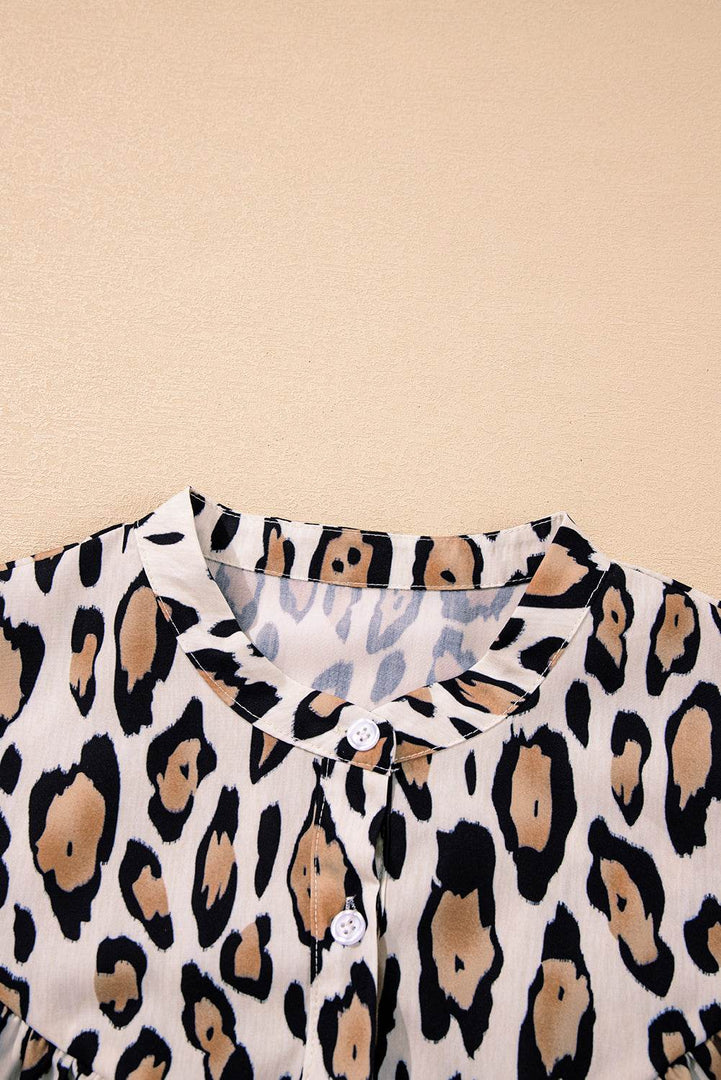 Rose Red Oversized Leopard Print Balloon Sleeve Casual Shirt - Fashion Queen -  24