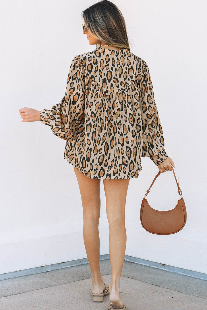 Rose Red Oversized Leopard Print Balloon Sleeve Casual Shirt - Fashion Queen -  27