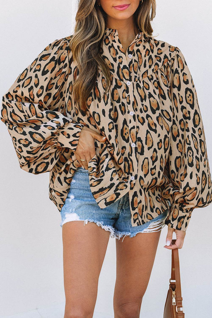Rose Red Oversized Leopard Print Balloon Sleeve Casual Shirt - Fashion Queen -  28