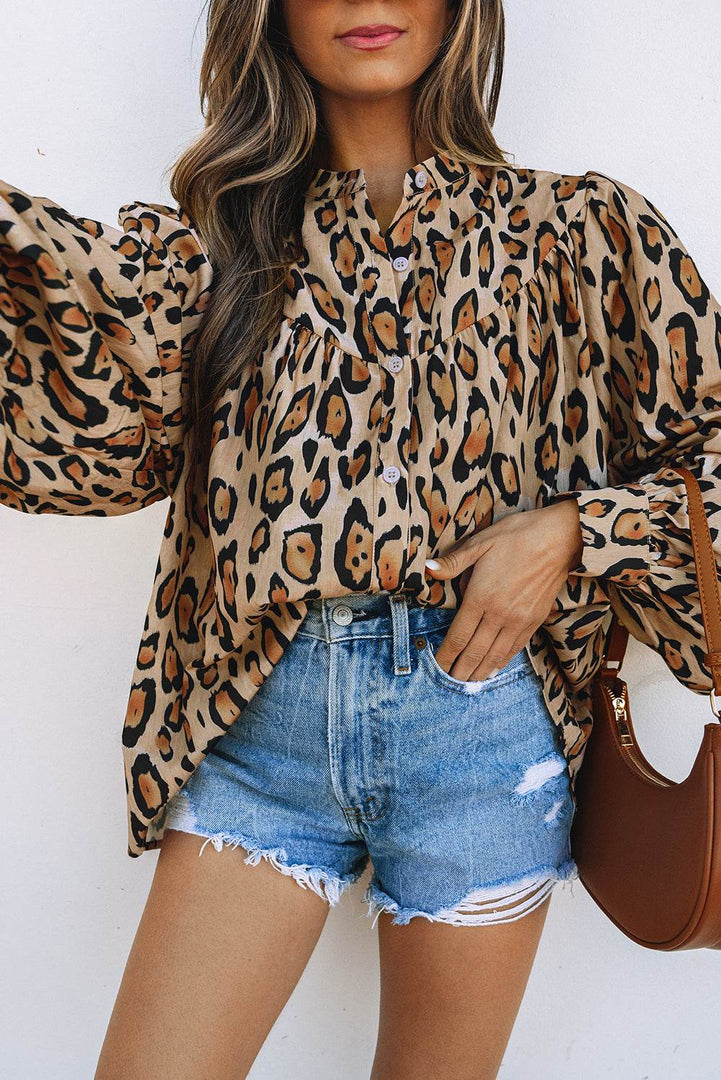 Rose Red Oversized Leopard Print Balloon Sleeve Casual Shirt - Fashion Queen -  29