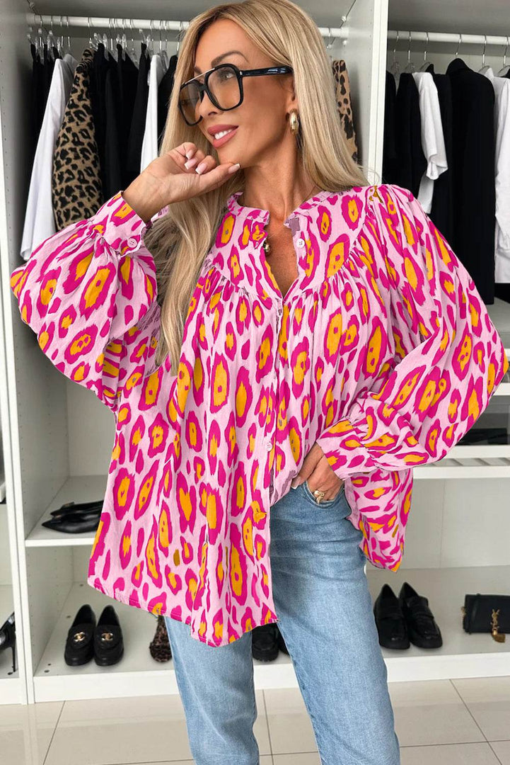 Rose Red Oversized Leopard Print Balloon Sleeve Casual Shirt - Fashion Queen -  3