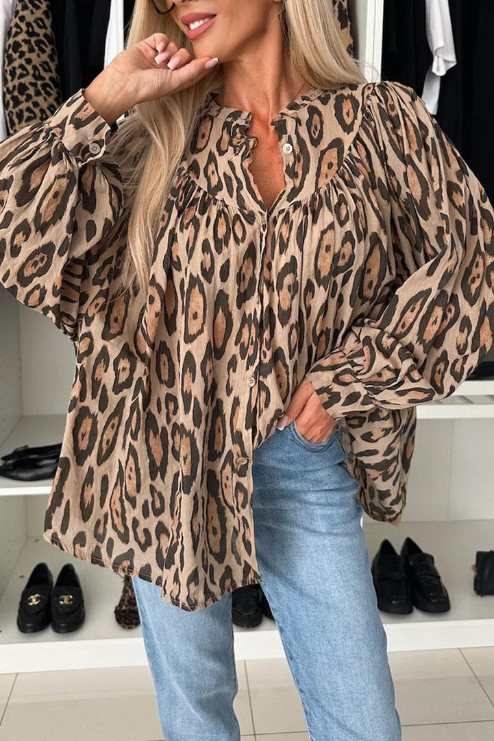 Rose Red Oversized Leopard Print Balloon Sleeve Casual Shirt - Fashion Queen -  30