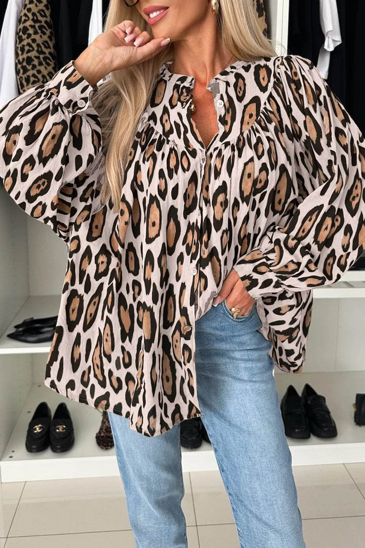 Rose Red Oversized Leopard Print Balloon Sleeve Casual Shirt - Fashion Queen -  4