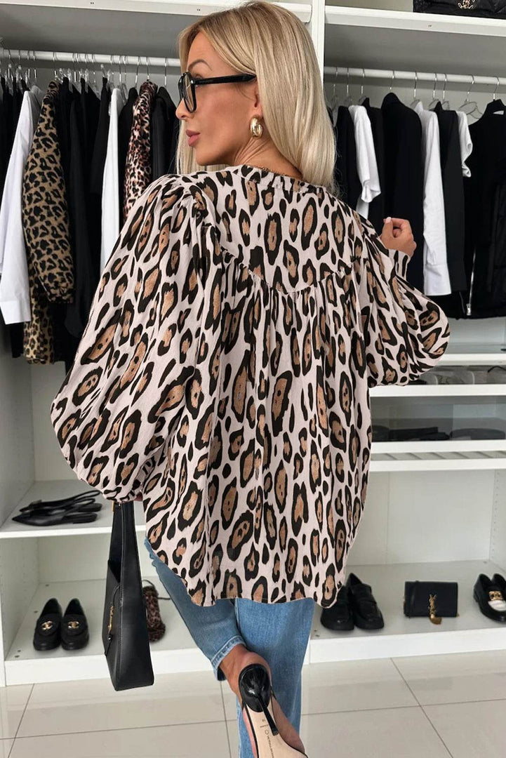Rose Red Oversized Leopard Print Balloon Sleeve Casual Shirt - Fashion Queen -  5