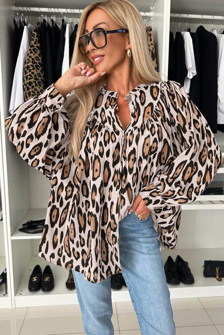 Rose Red Oversized Leopard Print Balloon Sleeve Casual Shirt - Fashion Queen -  6