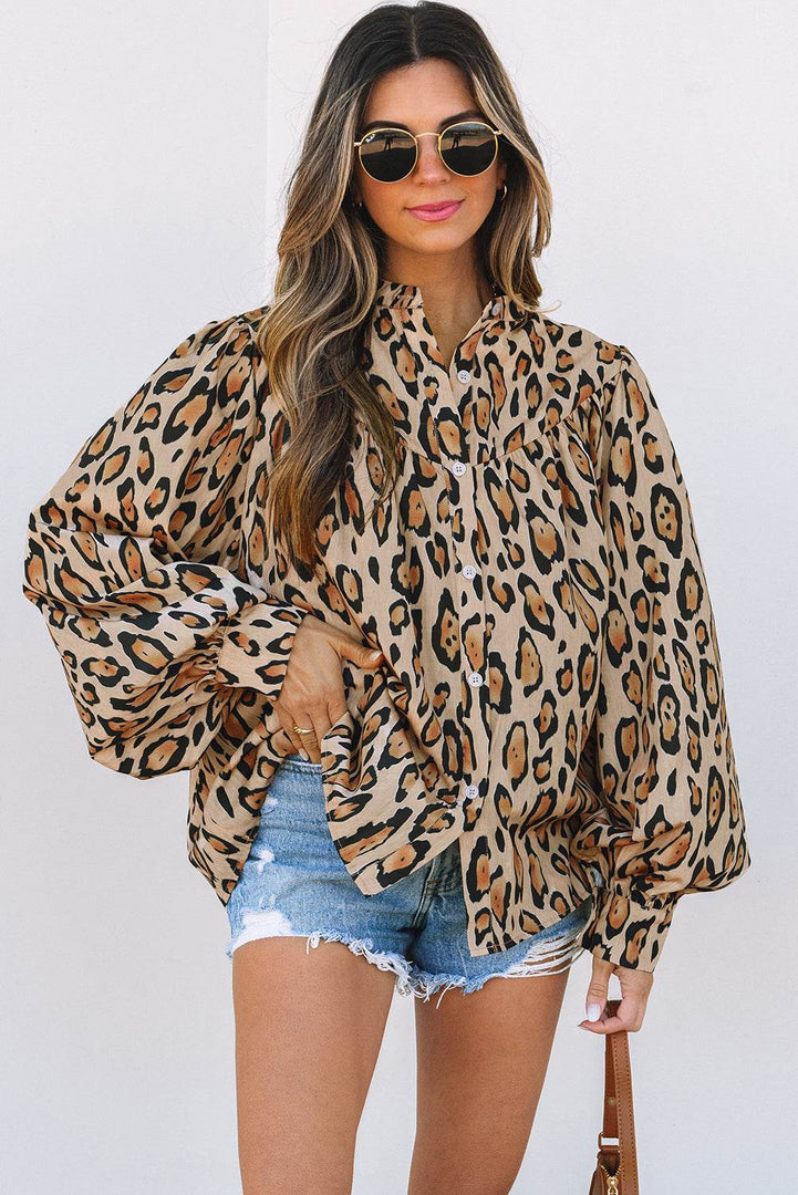 Rose Red Oversized Leopard Print Balloon Sleeve Casual Shirt - Fashion Queen -  7