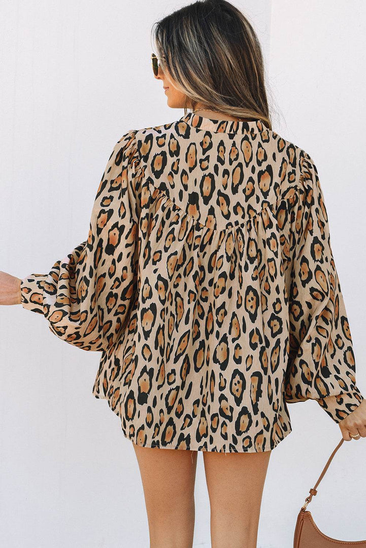Rose Red Oversized Leopard Print Balloon Sleeve Casual Shirt - Fashion Queen -  8