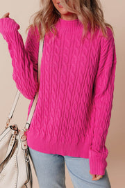Rose Red Solid Cable Knit High Neck Drop Shoulder Sweater - Fashion Queen -  1