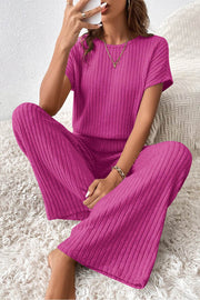 Rose Red Solid Color Ribbed Short Sleeve Wide Leg Jumpsuit - Fashion Queen -  1