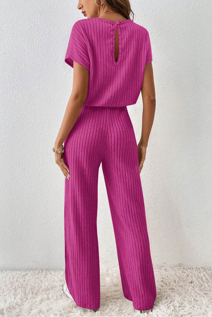 Rose Red Solid Color Ribbed Short Sleeve Wide Leg Jumpsuit - Fashion Queen -  2