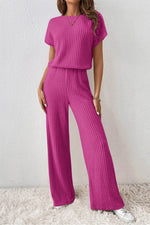 Load image into Gallery viewer, Rose Red Solid Color Ribbed Short Sleeve Wide Leg Jumpsuit - Fashion Queen -  3
