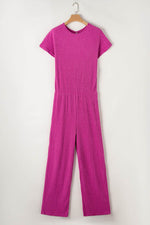 Load image into Gallery viewer, Rose Red Solid Color Ribbed Short Sleeve Wide Leg Jumpsuit - Fashion Queen -  4

