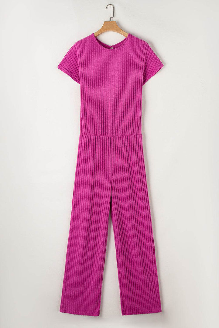 Rose Red Solid Color Ribbed Short Sleeve Wide Leg Jumpsuit - Fashion Queen -  4