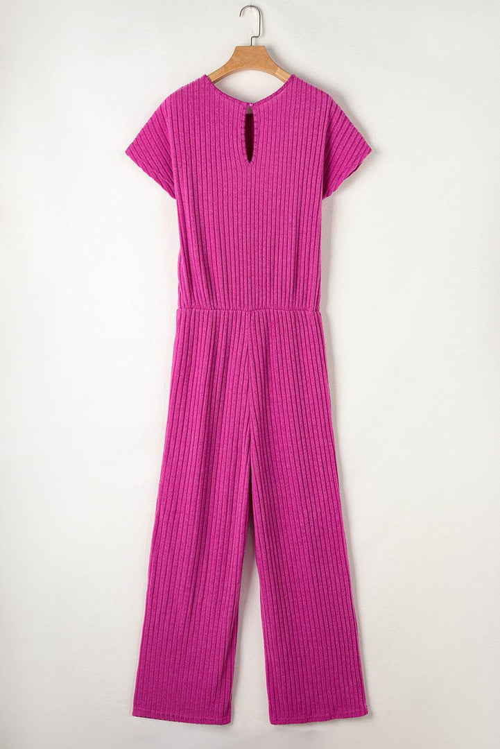 Rose Red Solid Color Ribbed Short Sleeve Wide Leg Jumpsuit - Fashion Queen -  5