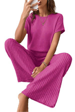 Load image into Gallery viewer, Rose Red Solid Color Ribbed Short Sleeve Wide Leg Jumpsuit - Fashion Queen -  9
