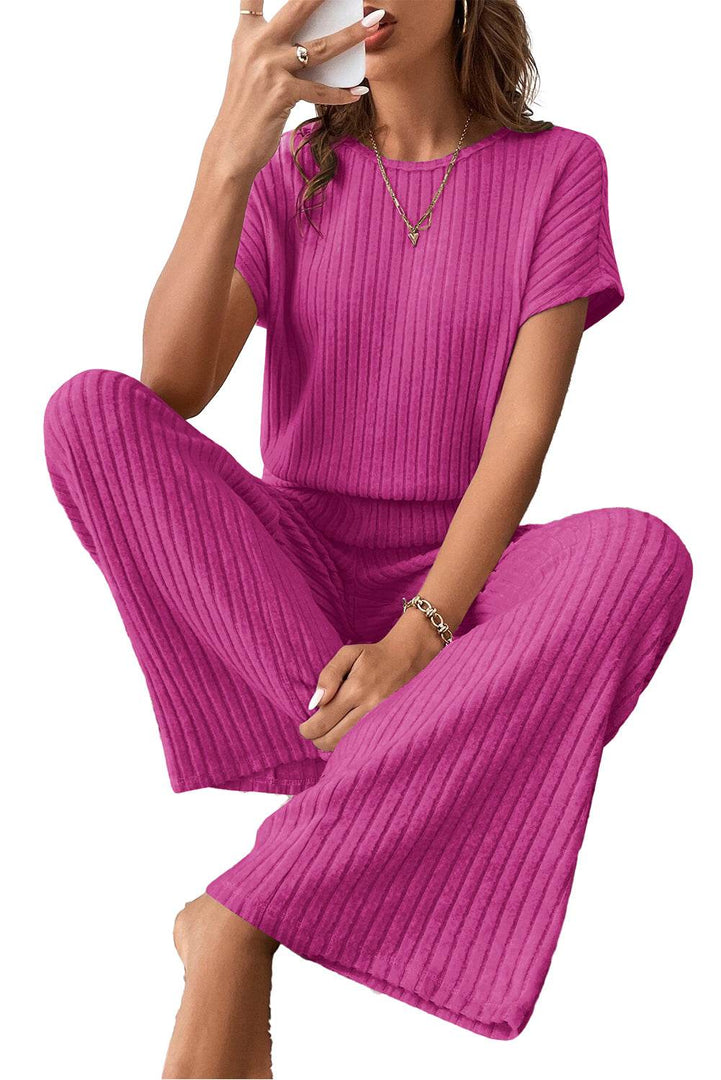Rose Red Solid Color Ribbed Short Sleeve Wide Leg Jumpsuit - Fashion Queen -  9