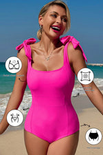 Load image into Gallery viewer, Rose Red Square Neck Knotted Shoulder Open Back One Piece Swimsuit - Fashion Queen -  1

