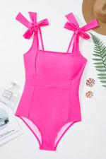 Load image into Gallery viewer, Rose Red Square Neck Knotted Shoulder Open Back One Piece Swimsuit - Fashion Queen -  10
