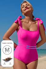 Load image into Gallery viewer, Rose Red Square Neck Knotted Shoulder Open Back One Piece Swimsuit - Fashion Queen -  2
