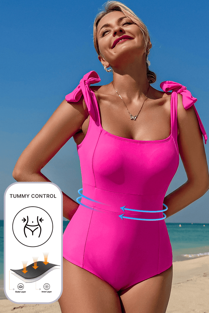 Rose Red Square Neck Knotted Shoulder Open Back One Piece Swimsuit - Fashion Queen -  2