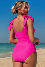Load image into Gallery viewer, Rose Red Square Neck Knotted Shoulder Open Back One Piece Swimsuit - Fashion Queen -  3
