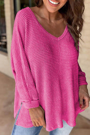 Rose Red Waffle Knit Side Slits Loose Fit V Neck Top - Fashion Queen -  1