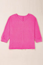 Load image into Gallery viewer, Rose Red Waffle Knit Side Slits Loose Fit V Neck Top - Fashion Queen -  11
