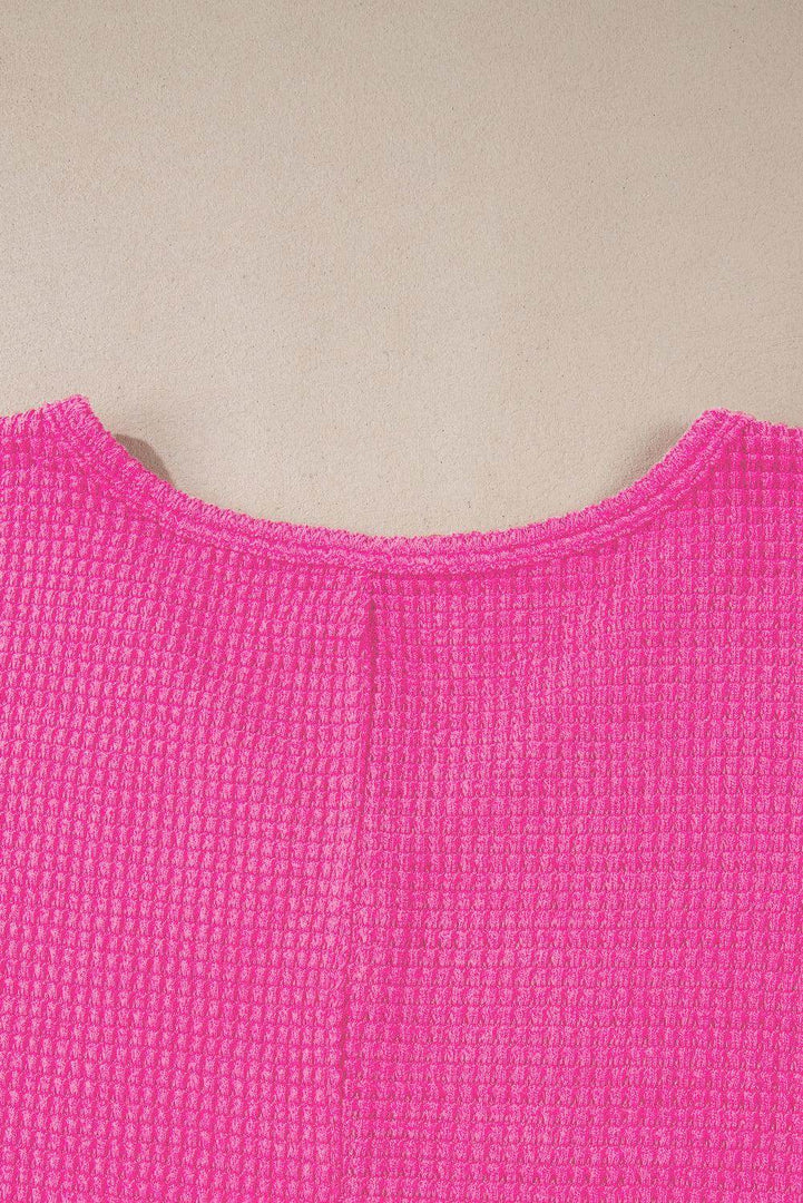 Rose Red Waffle Knit Side Slits Loose Fit V Neck Top - Fashion Queen -  12