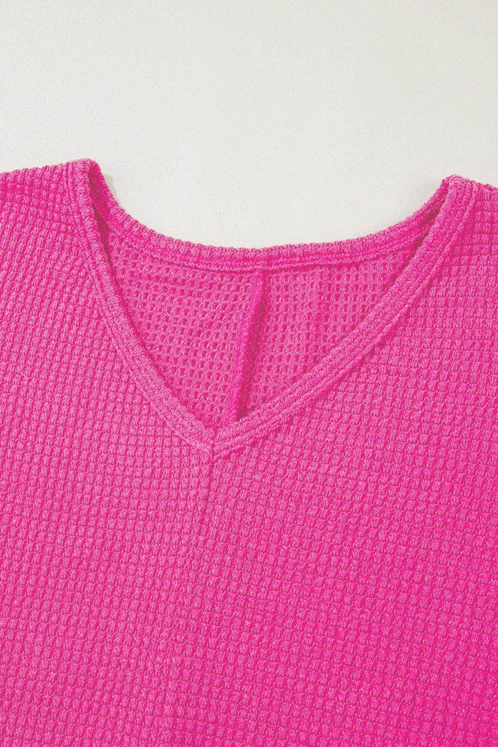 Rose Red Waffle Knit Side Slits Loose Fit V Neck Top - Fashion Queen -  14