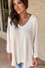 Load image into Gallery viewer, Rose Red Waffle Knit Side Slits Loose Fit V Neck Top - Fashion Queen -  17
