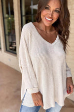 Load image into Gallery viewer, Rose Red Waffle Knit Side Slits Loose Fit V Neck Top - Fashion Queen -  18

