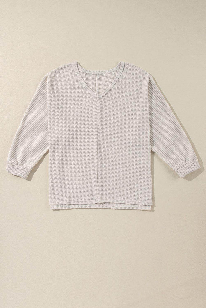 Rose Red Waffle Knit Side Slits Loose Fit V Neck Top - Fashion Queen -  19