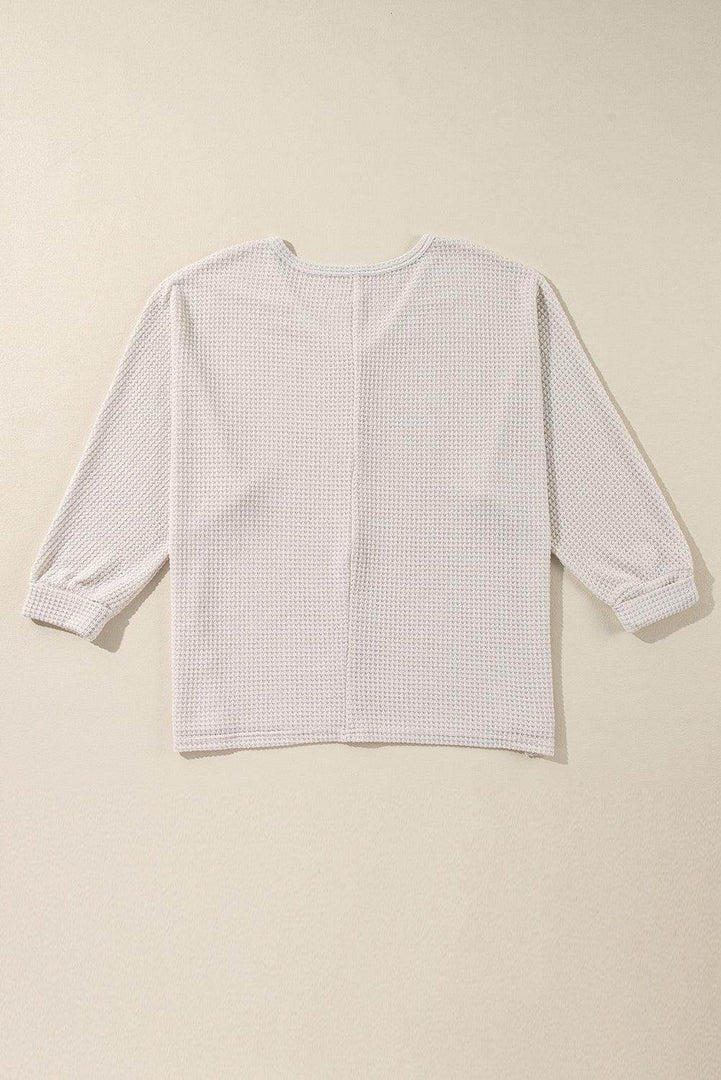Rose Red Waffle Knit Side Slits Loose Fit V Neck Top - Fashion Queen -  20